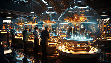 High-tech futuristic lab with holographic displays, robotic arms, scientists in lab coats, and a central AI interface.