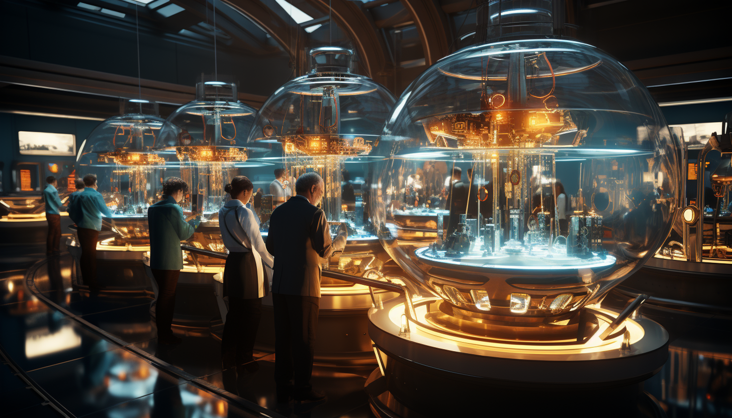 High-tech futuristic lab with holographic displays, robotic arms, scientists in lab coats, and a central AI interface.