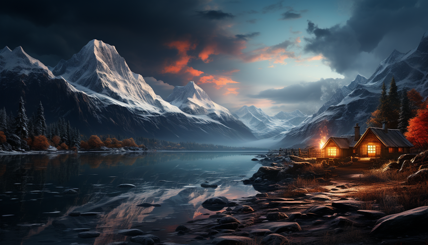 Rustic mountain cabin in winter, surrounded by snow-covered trees, a frozen lake, smoke rising from the chimney, and a clear night sky.