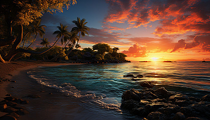 Idyllic Caribbean beach at sunset, with palm trees, hammocks, crystal clear water, and a small boat sailing in the distance.