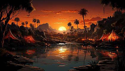 Desert oasis at sunset, featuring a tranquil pool, palm trees, camels resting, and Bedouin tents under a vivid orange sky.