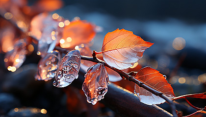 A macro shot of crystals forming on a leaf or branch in winter.