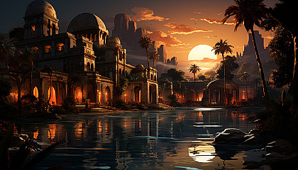 Desert oasis at sunset, with towering palm trees, a tranquil pool, camels resting, and ancient ruins in the background.