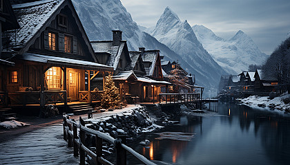 A snowy mountain village during the holiday season, with cozy cabins, a frozen lake for ice skating, and festive decorations.