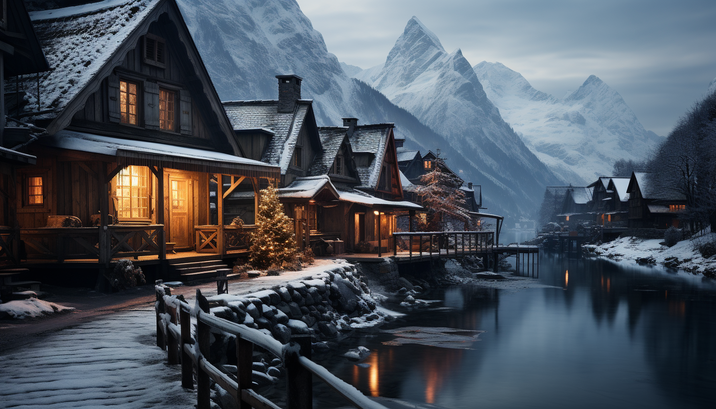 A snowy mountain village during the holiday season, with cozy cabins, a frozen lake for ice skating, and festive decorations.