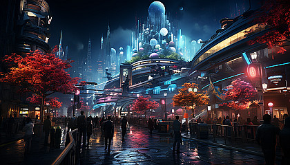 Futuristic cyberpunk street scene, neon-lit skyscrapers, holographic billboards, diverse crowd with augmented reality gadgets.
