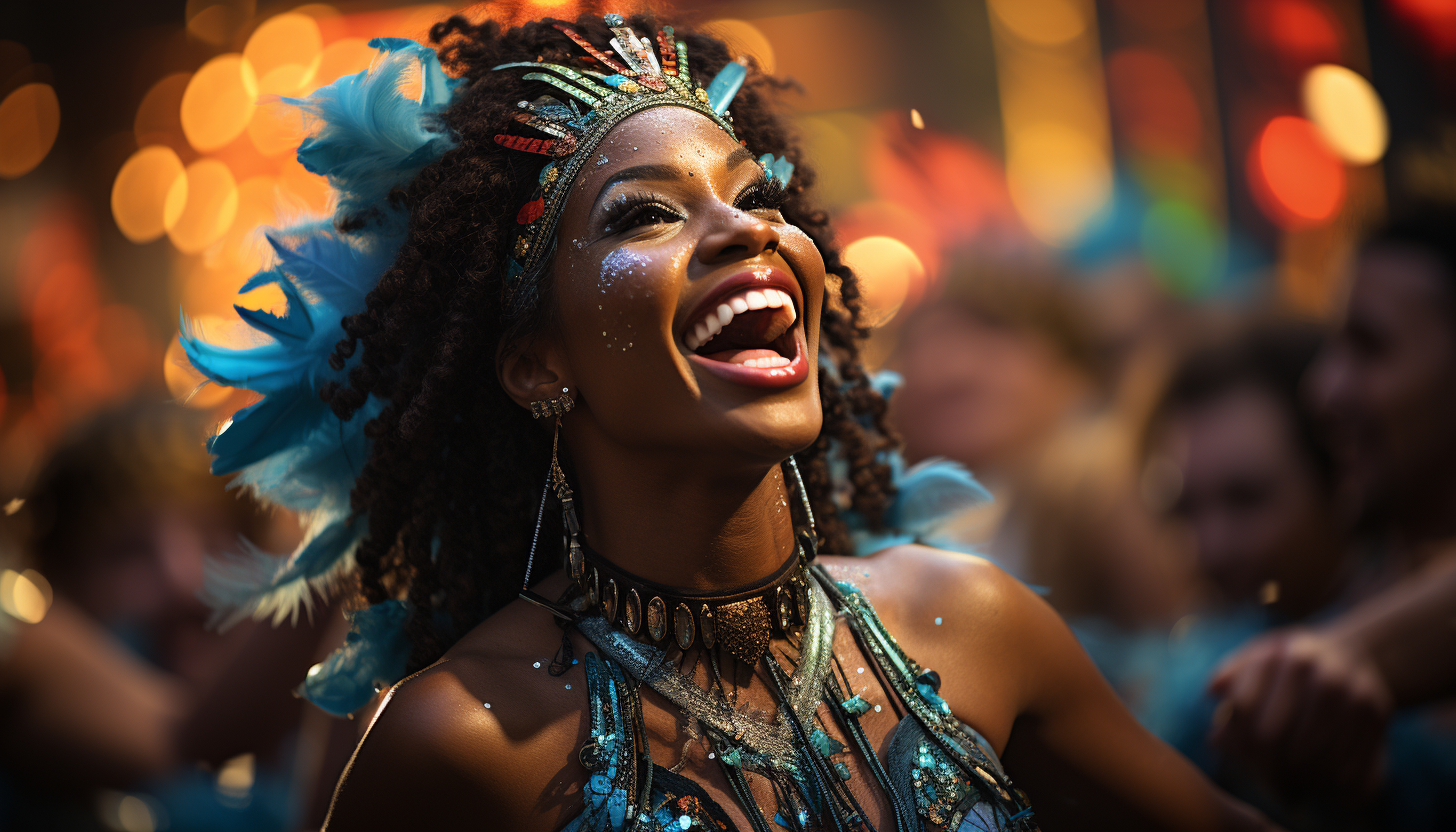 Vibrant carnival in Rio de Janeiro, with elaborate costumes, samba dancers, lively music, and a festive atmosphere.