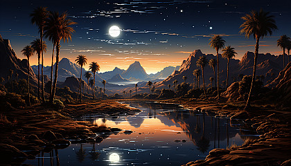 Desert oasis at twilight, with a tranquil pond, palm trees, a caravan of camels, and a star-filled sky above.