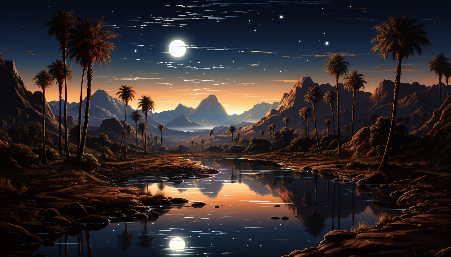 Desert oasis at twilight, with a tranquil pond, palm trees, a caravan of camels, and a star-filled sky above.