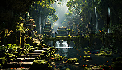 A tranquil Balinese temple surrounded by lush tropical forests, waterfalls, and stone statues, with monks in prayer.