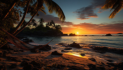 Lush tropical beach at sunset, with hammocks, palm trees, a fire pit, and a distant view of sailboats on the horizon.