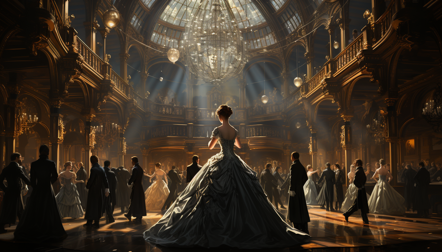 A grand Victorian ballroom, with dancers in elegant attire, a live orchestra, opulent chandeliers, and ornate decorations.