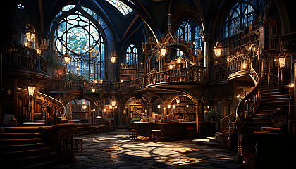 Ancient library filled with towering bookshelves, spiral staircases, mystical artifacts, and soft light filtering through stained glass windows.