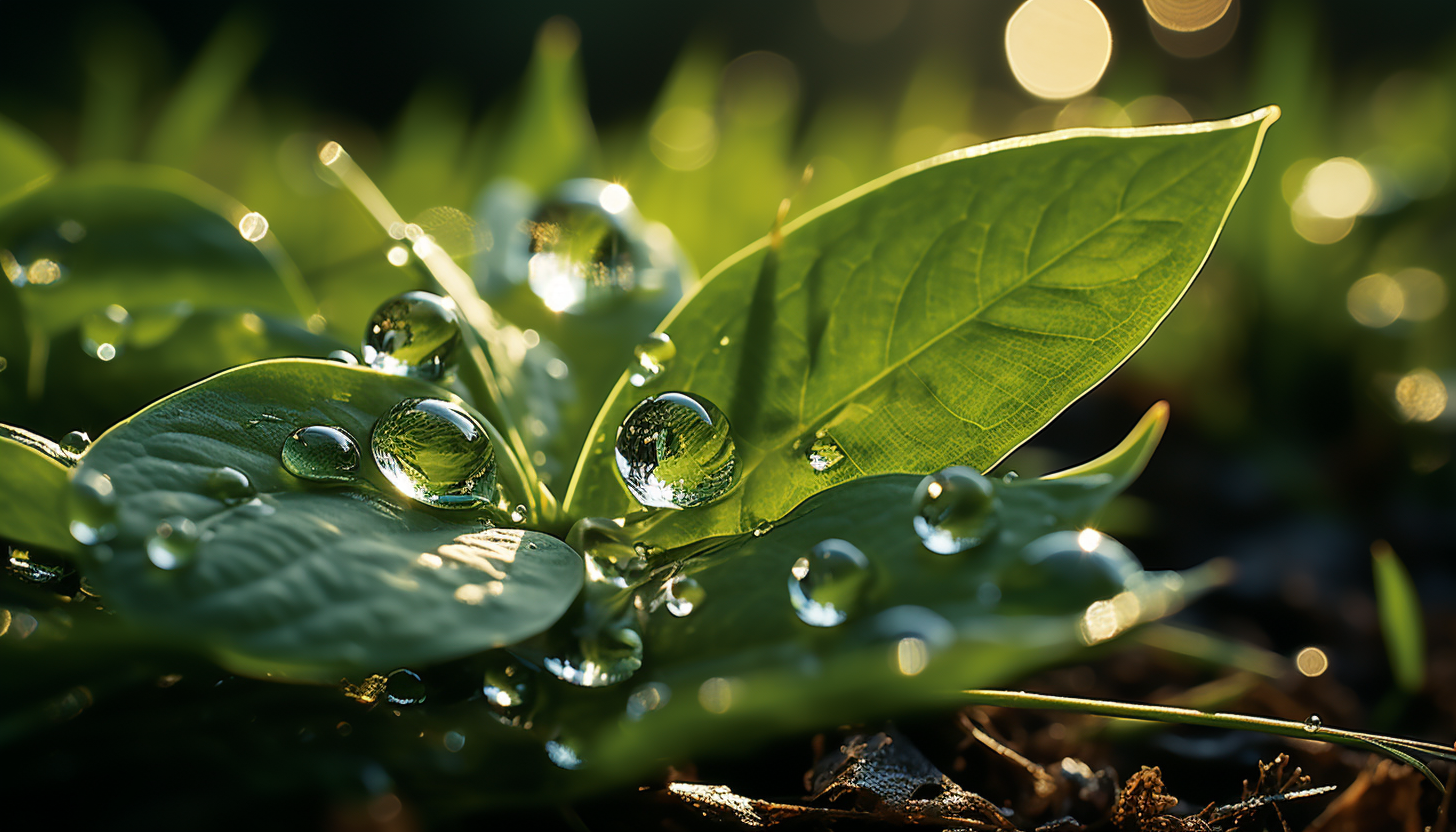 A close-up view of a dewdrop on a blade of grass, reflecting the morning sun.