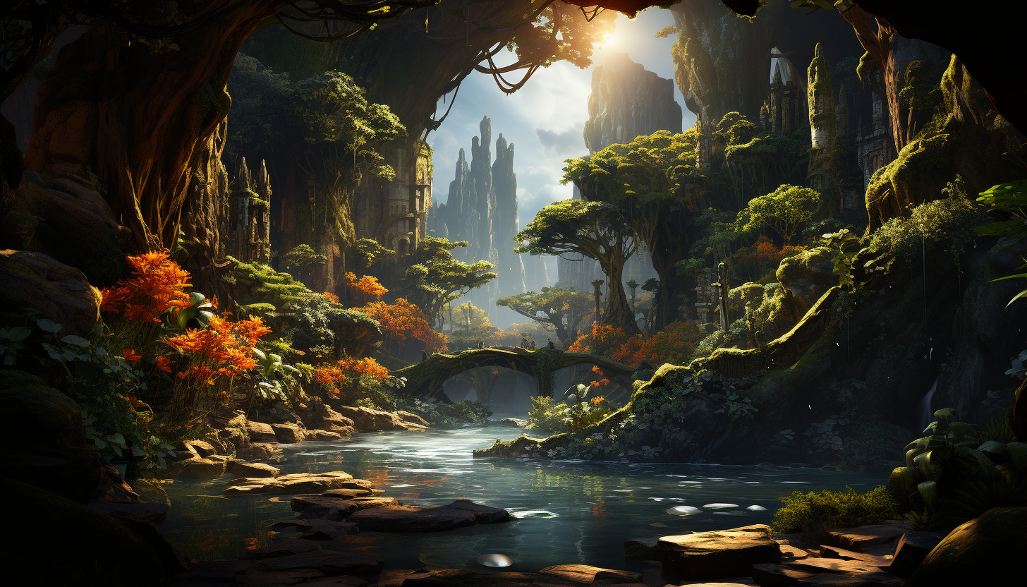 Hidden waterfall in a tropical rainforest, with a natural swimming pool, exotic birds, and sunlight streaming through the canopy.