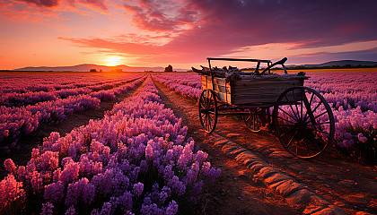 Serene lavender field at dawn, with a rustic wooden cart, a gentle mist, and the first rays of the sun illuminating the flowers.