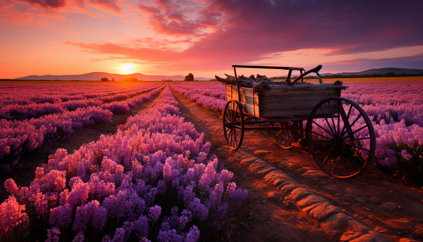 Serene lavender field at dawn, with a rustic wooden cart, a gentle mist, and the first rays of the sun illuminating the flowers.