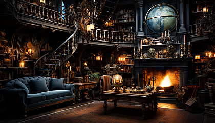 Old library with towering bookshelves, ladders, a grand fireplace, and a large globe in a dimly lit room.