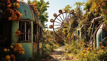 Abandoned amusement park reclaimed by nature, overgrown roller coasters, a rusting Ferris wheel, and wildflowers everywhere.