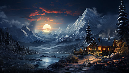 Cozy mountain cabin in winter, surrounded by snow-covered pine trees, with smoke from the chimney and a clear night sky.