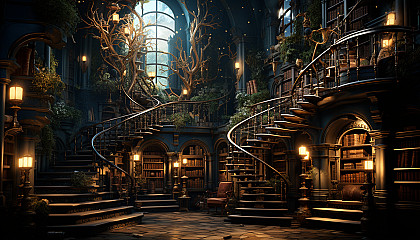 Magical library with towering bookshelves, floating books, enchanted artifacts, and a grand spiral staircase.