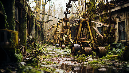 Abandoned amusement park overgrown with nature, rusty roller coasters, a Ferris wheel, and a hauntingly beautiful atmosphere.