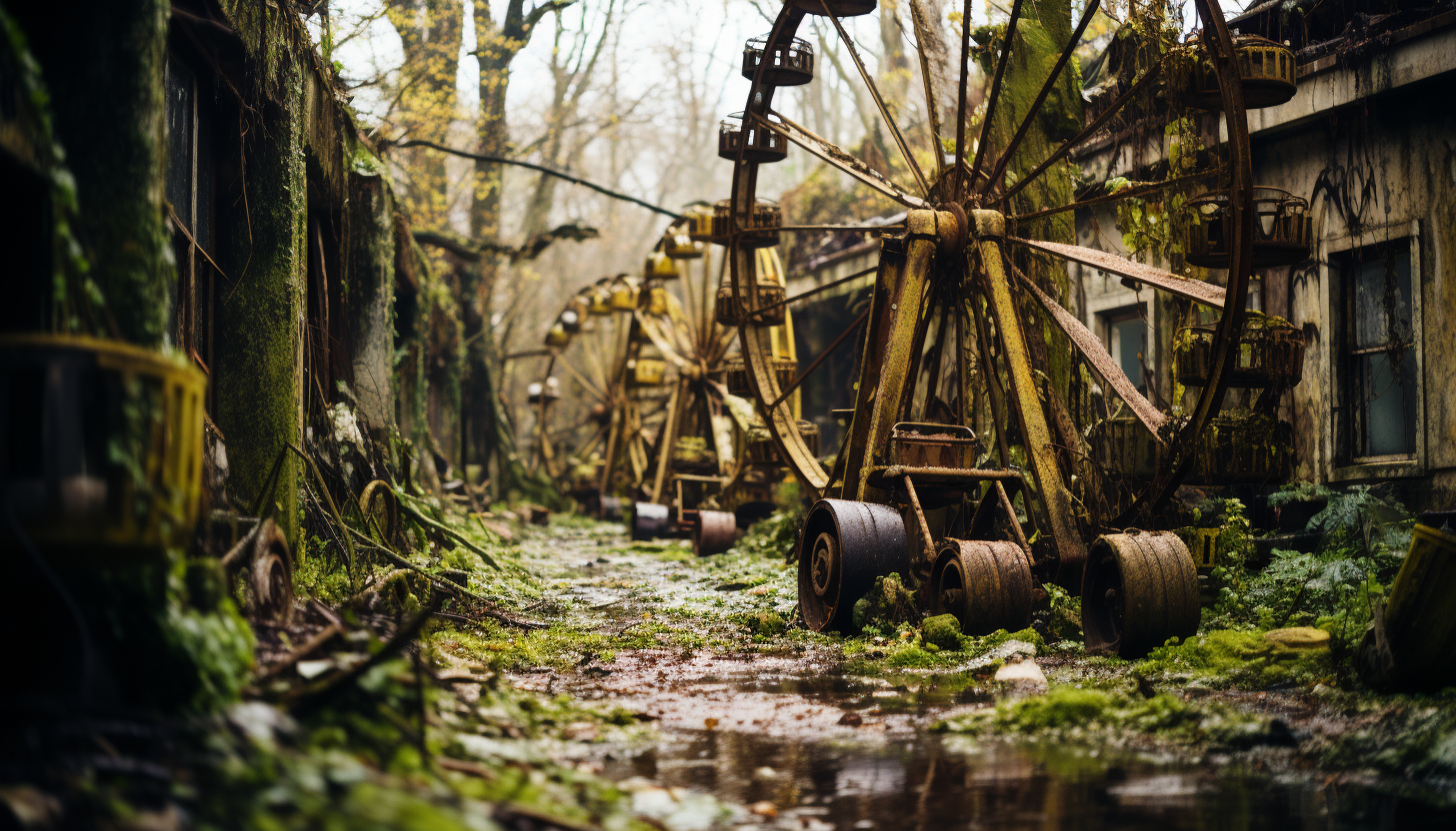 Abandoned amusement park overgrown with nature, rusty roller coasters, a Ferris wheel, and a hauntingly beautiful atmosphere.