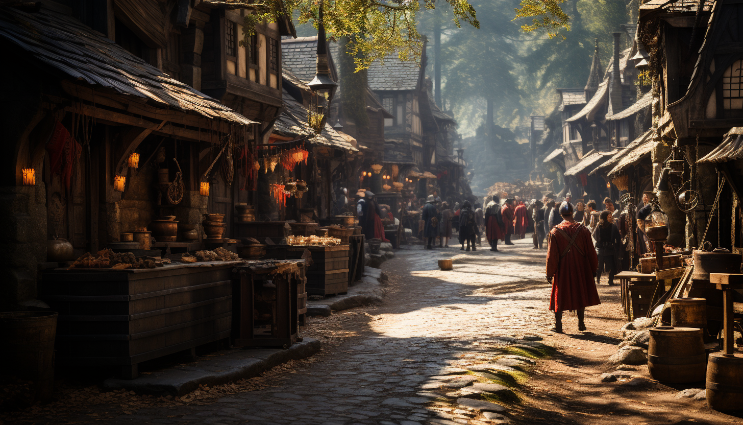 Bustling Renaissance fair, with knights in armor, jesters, medieval tents, a tournament in progress, and villagers in period costumes.