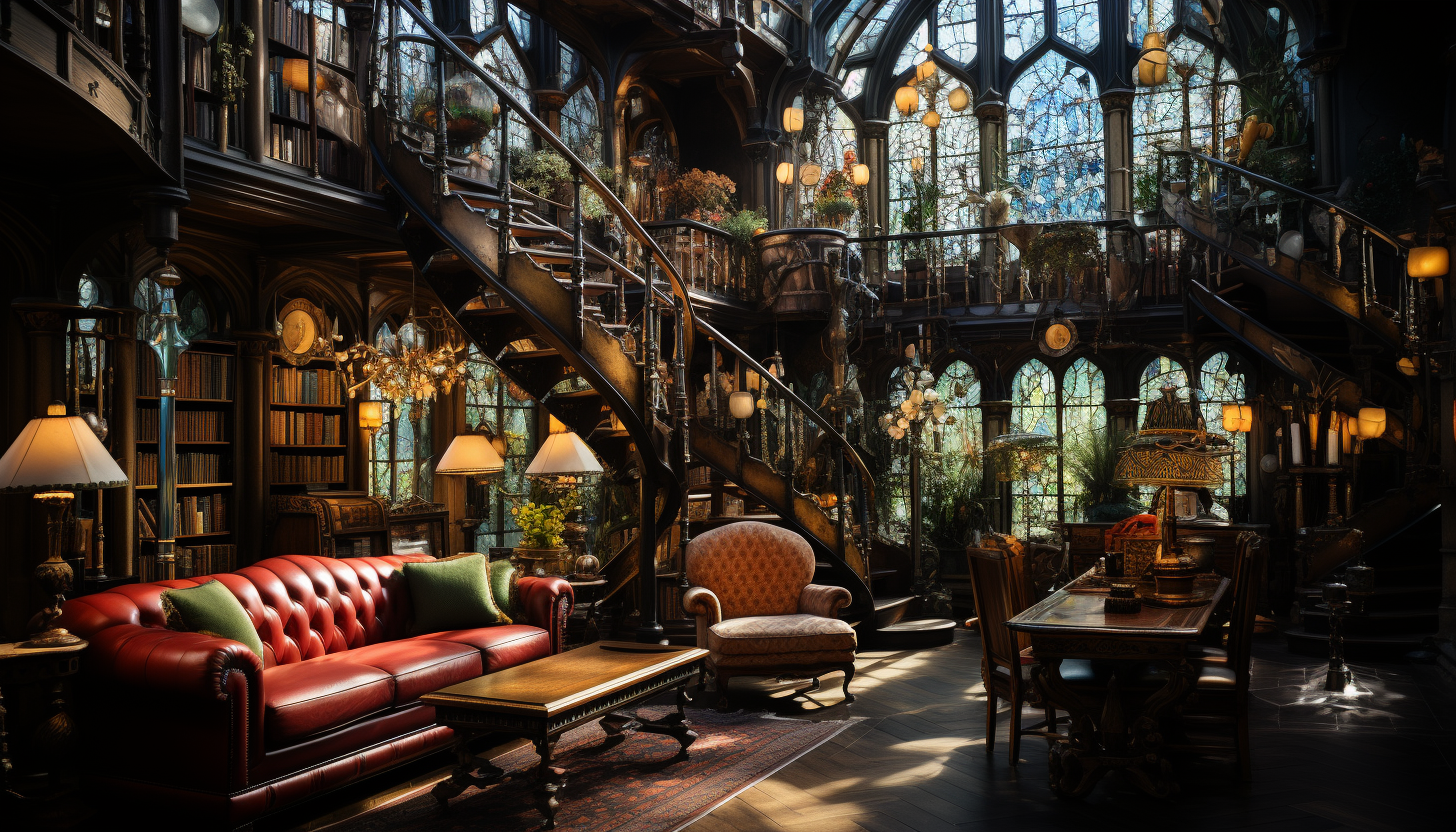 Grand library with towering bookshelves, spiral staircases, antique globes, and sunlight filtering through stained glass windows.