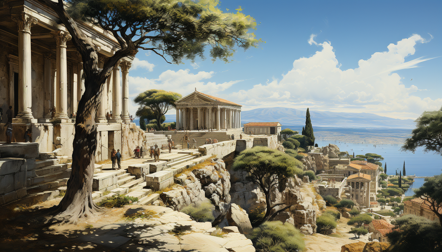 Ancient Greek agora bustling with philosophers, merchants, and citizens, with marble columns, olive trees, and a distant view of the sea.