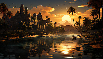 Desert oasis at sunset, with palm trees, a tranquil pond, camels resting, and ancient ruins in the soft golden light.