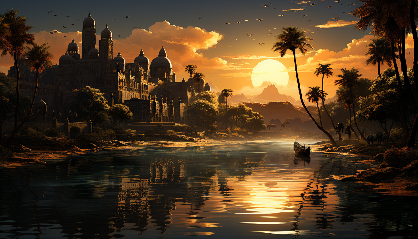 Desert oasis at sunset, with palm trees, a tranquil pond, camels resting, and ancient ruins in the soft golden light.