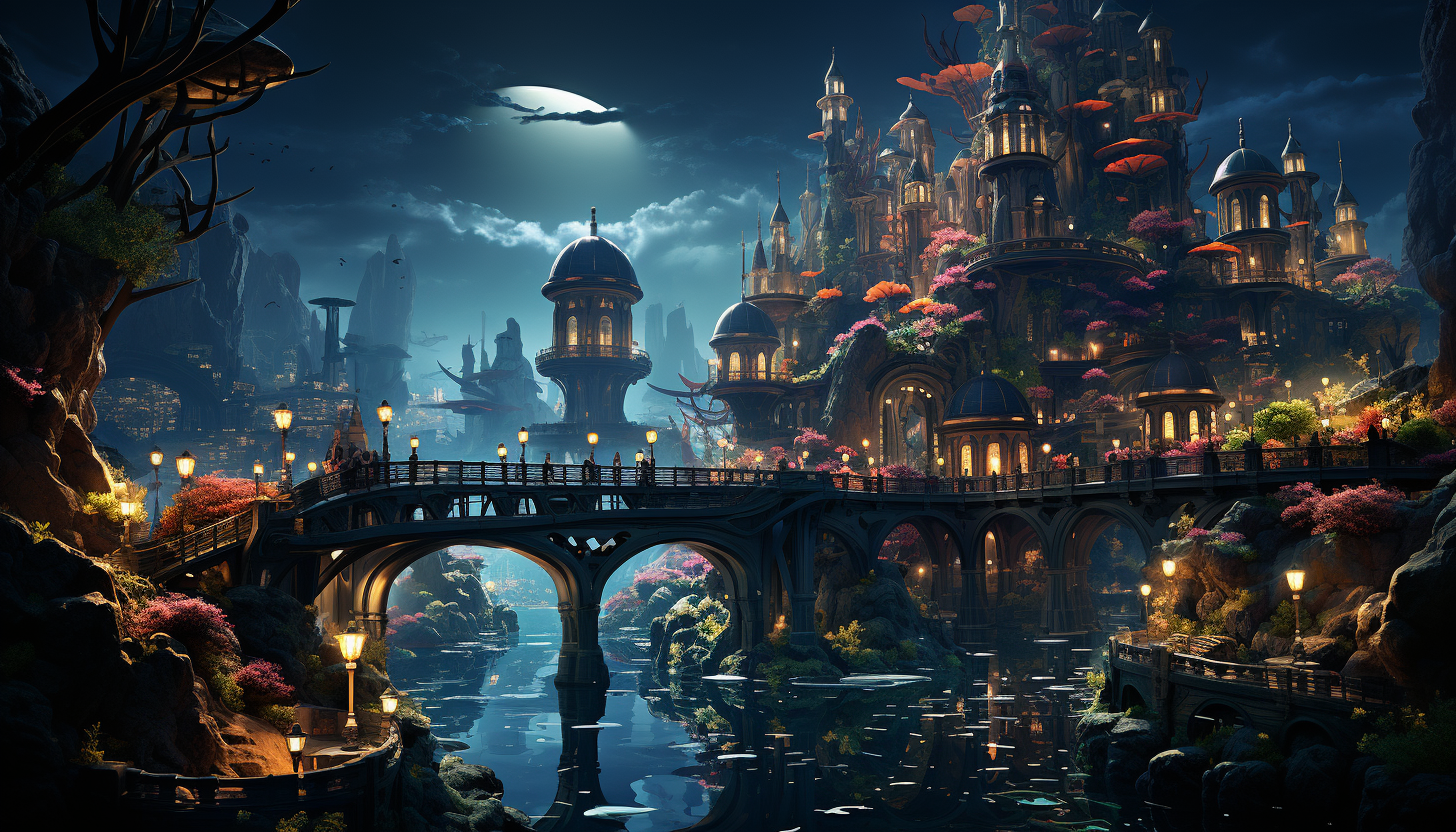 Futuristic underwater city with dome structures, bioluminescent plants, diverse marine life, and submarines navigating the waters.