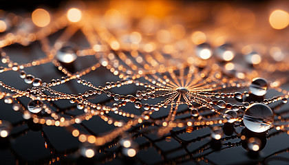 A macro shot of dewdrops glistening on a spider's web in the morning sunlight.