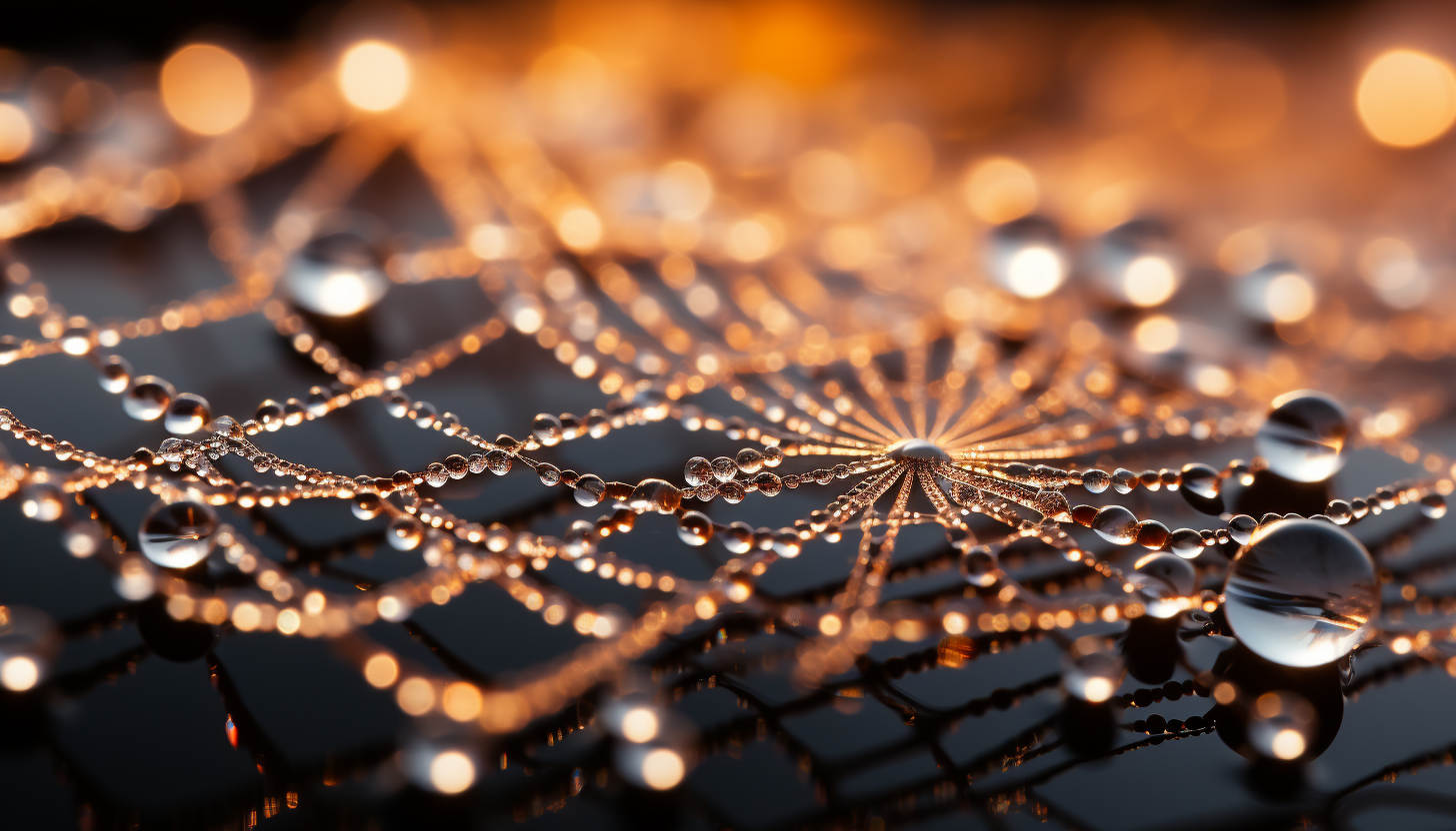 A macro shot of dewdrops glistening on a spider's web in the morning sunlight.