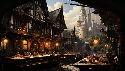 Grand medieval banquet hall, with a long wooden table laden with feasts, tapestries on the walls, and knights and nobles celebrating.