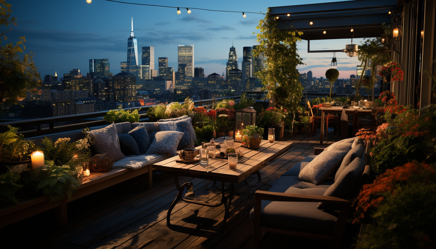 Rooftop garden in a modern city, with an array of green plants, comfortable seating, skyscrapers in the background, and twinkling city lights.