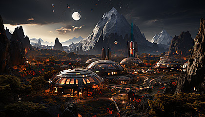 A futuristic Martian colony under a dome, with red rocky landscapes, advanced habitats, astronauts exploring, and Earth visible in the sky.