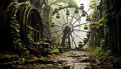 An abandoned amusement park reclaimed by nature, with overgrown rides, a Ferris wheel entwined in vines, and a mysterious, eerie ambiance.