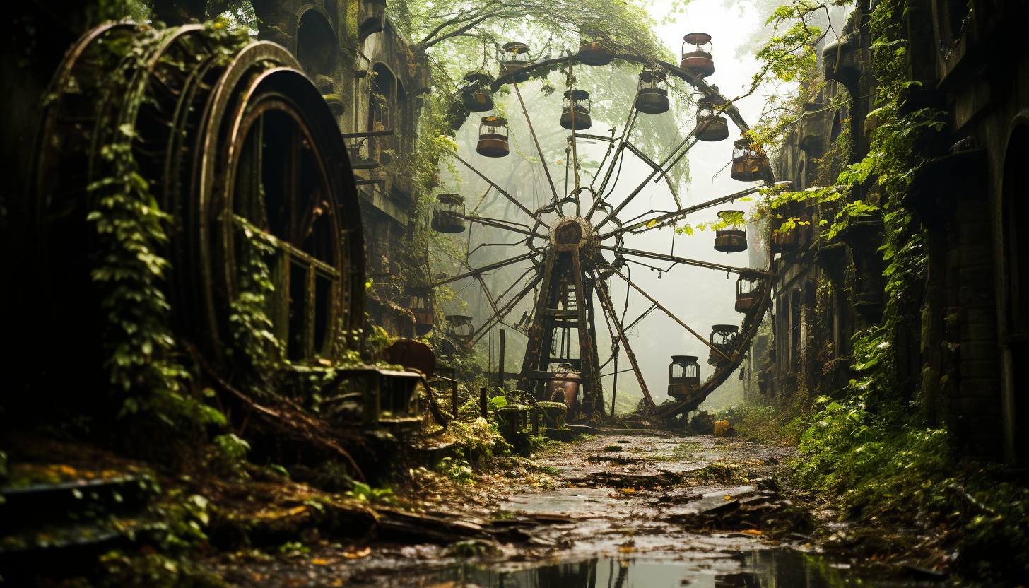 An abandoned amusement park reclaimed by nature, with overgrown rides, a Ferris wheel entwined in vines, and a mysterious, eerie ambiance.