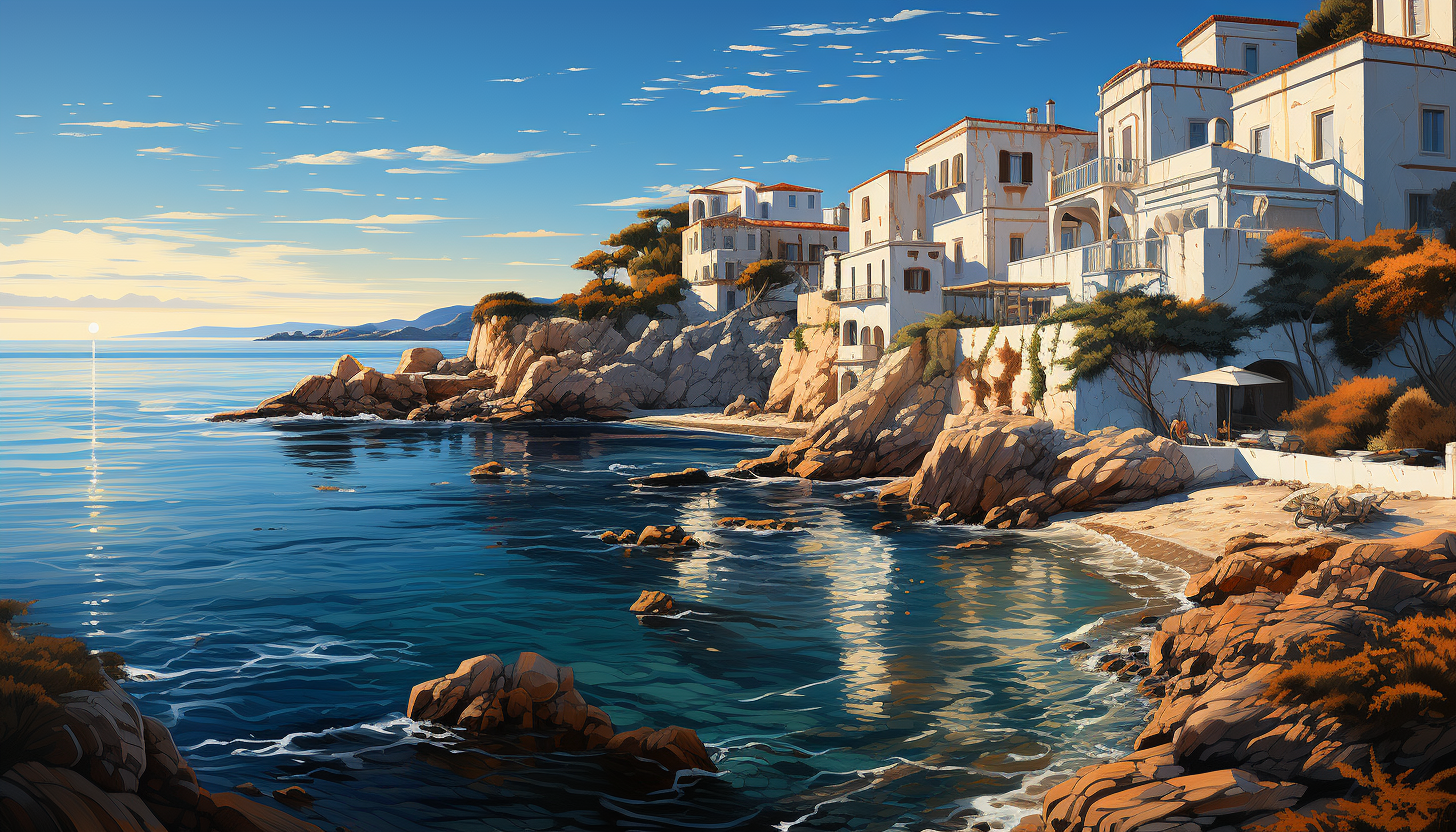 Grecian coastal village at dawn, with white and blue buildings, fishing boats bobbing in the harbor, and the sun rising over the Aegean Sea.