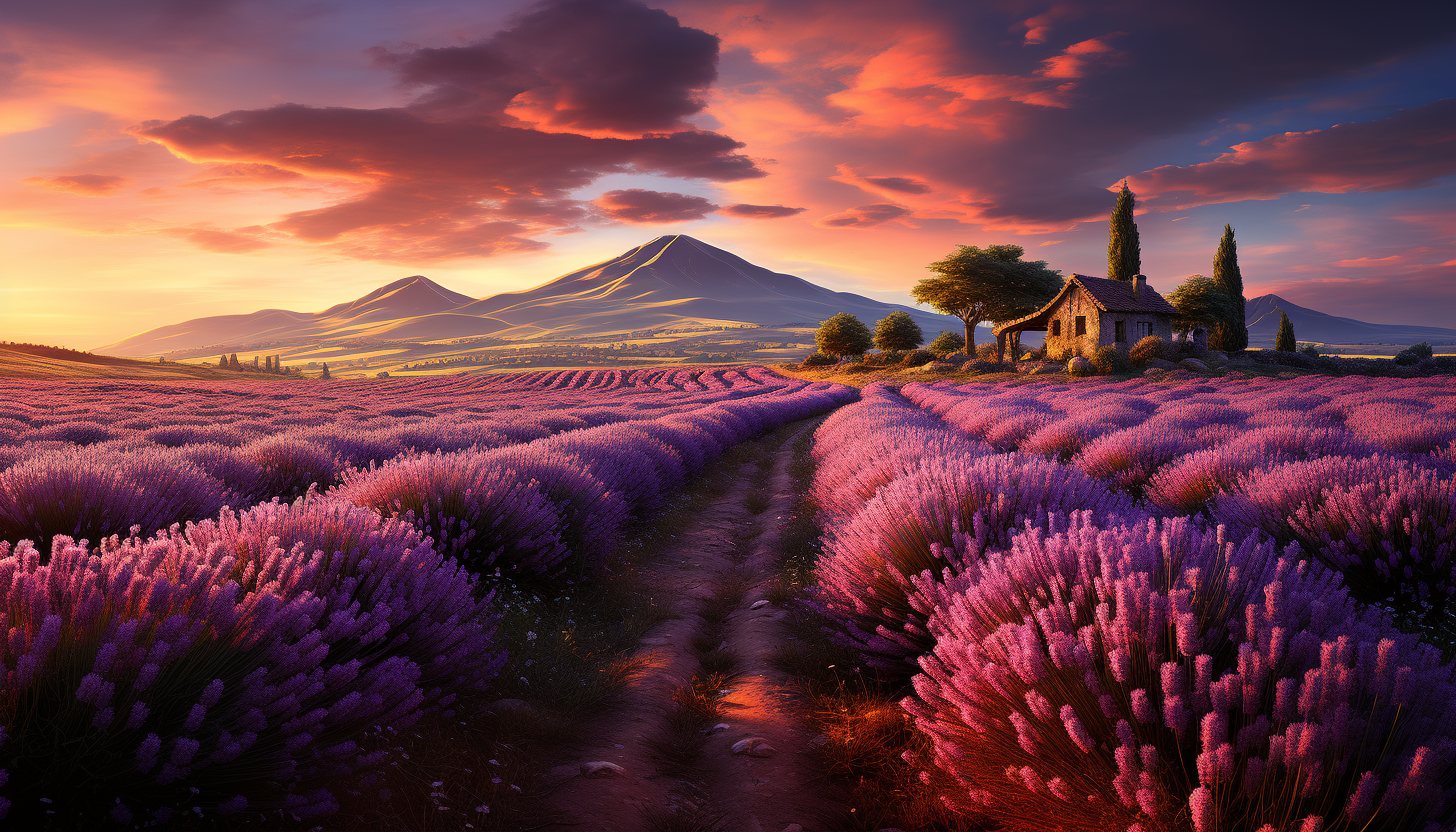 Lavender fields in Provence at sunrise, with rows of purple flowers, a quaint farmhouse, and hot air balloons in the sky.