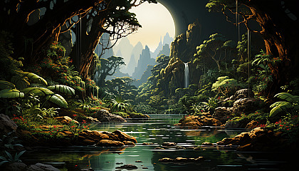 Lush Amazon rainforest with a hidden waterfall, exotic birds, dense green foliage, and a jaguar lurking in the shadows.