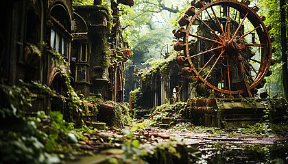 Abandoned amusement park overtaken by nature, rusting roller coasters, overgrown paths, and a hauntingly beautiful carousel.