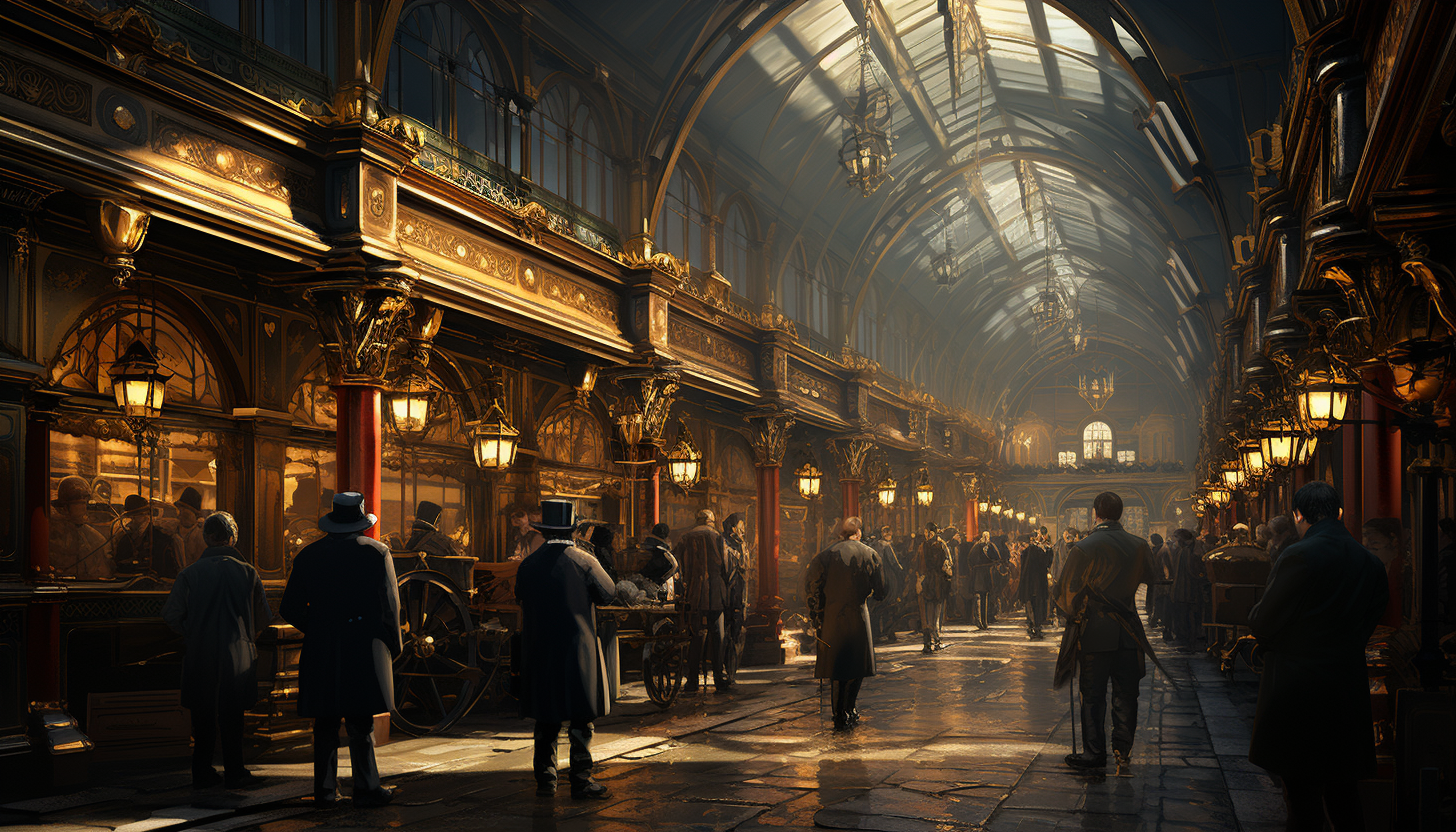 Victorian-era train station with steam locomotives, elegantly dressed passengers, vintage suitcases, and a grand clock.