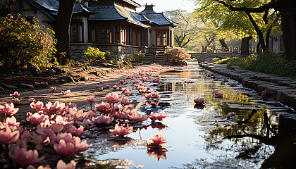 Traditional Chinese garden in spring, with a pagoda, stone paths, blooming peonies, and a gently flowing stream.