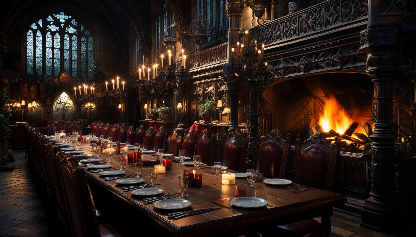 Grand medieval banquet hall, with a long feast table, tapestries, suits of armor, and a roaring fireplace.