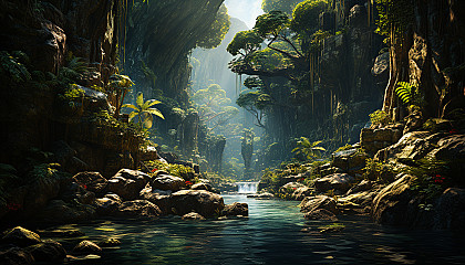 Hidden waterfall in a tropical rainforest, with a natural swimming pool, exotic birds, and sunlight streaming through the canopy.