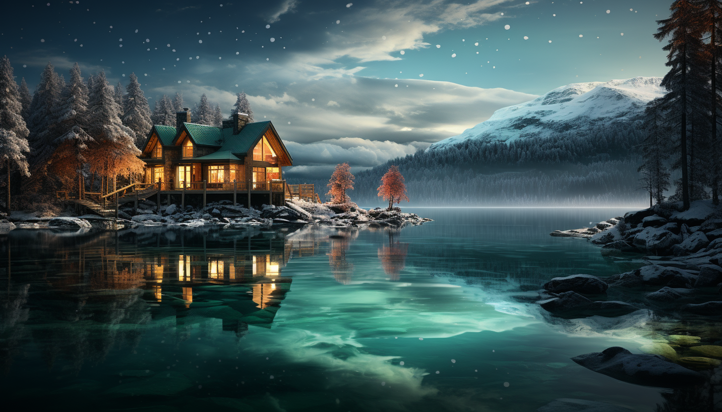 Tranquil Scandinavian cabin in winter, surrounded by snow-covered pine trees, a frozen lake, and the Northern Lights in the sky.