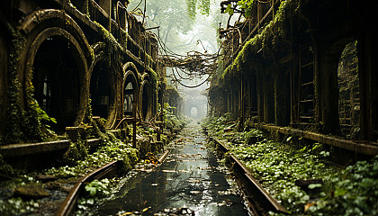 Abandoned amusement park overtaken by nature, with rusty rides, overgrown paths, and a hauntingly beautiful atmosphere.